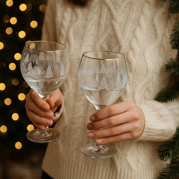 Libbey Vintage Snow Scene Wine Glass Goblets Set of 2 Holiday Theme - Picture 2 of 7
